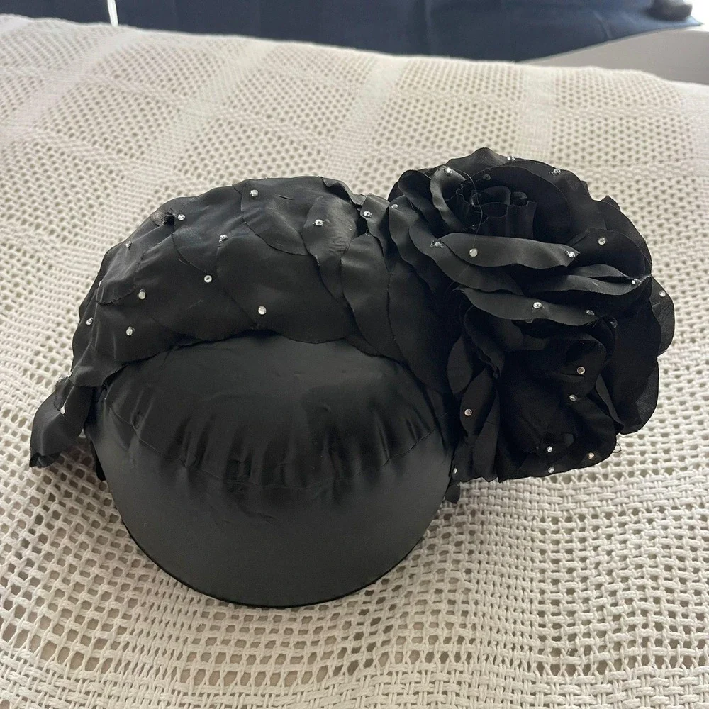 Black Floral Fascinator Hat‎ Rhinestone Rose Flower Headband Race Wedding